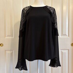 NWT White House Black Market Black Satin Ruffled Blouse w/Lace Shoulders Size S